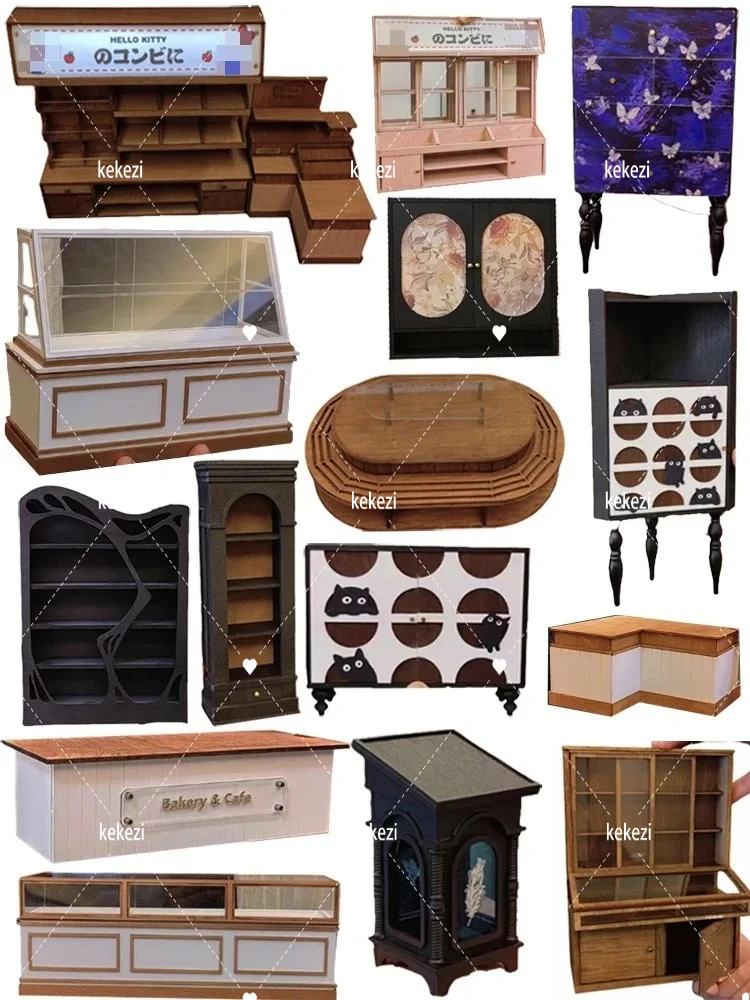 

Dollhouse Furniture 1:12 Mini Wooden Display Cabinet Bread Rack, 1:6 Bar Counter Dessert Island Table Decoration Scene