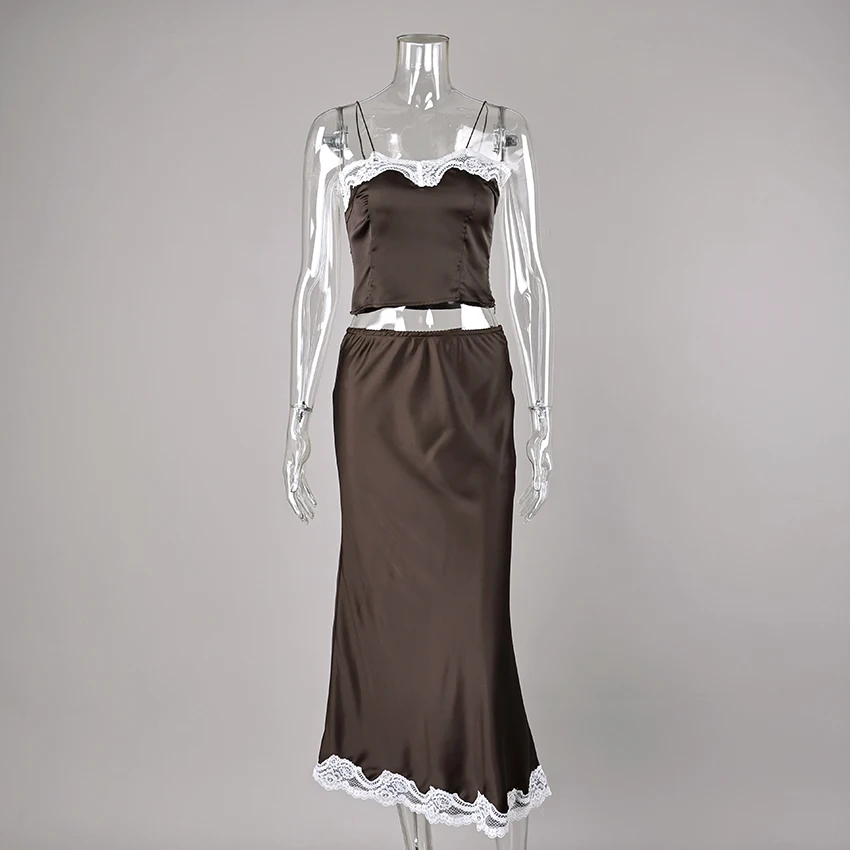 Linad Casual Lace Long Skirts Suits Sexy Crop Top Spaghetti Strap Vest With High Waist Skirt 2 Piece Sets Women 2026 Spring image 5