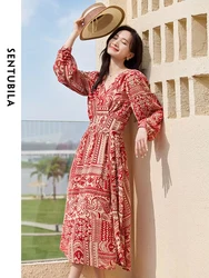 SENTUBILA Boho Chiffon Dresses for Women 2024 Autumn High Waist V-neck Lantern Long Sleeve Midi Vacation Dress Female 133L50525