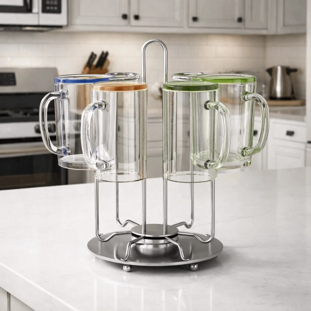 

Stainless Steel Rotating Cup Holder Upside-Down Saving Space Glass Cup Storage Rack with Tray Large Capacity Cup Organizer Bar