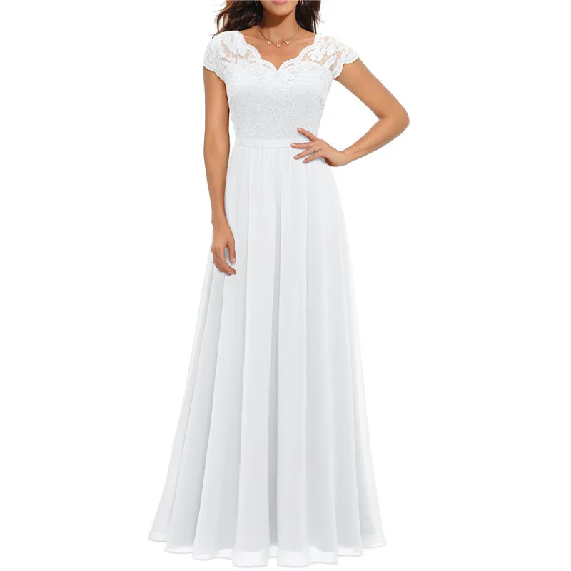 Feminino Elegante Maxi Vestido Longo de Noite, Monocromático, Renda Retalhos, Sem Costas, Decote V, Cintura Alta, Festa de Casamento, Dama