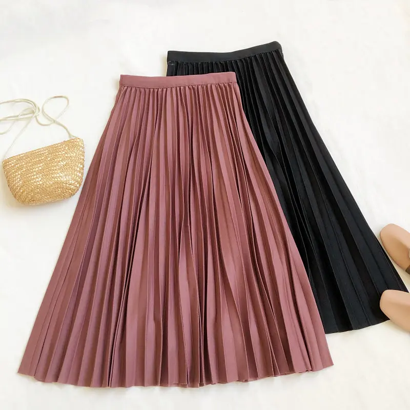 2026 New Korean Spring Autumn Women Casual Pleated Skirts Elastic High Waist Solid A-Line Skirt Female Large Hem Long Skirt Saia