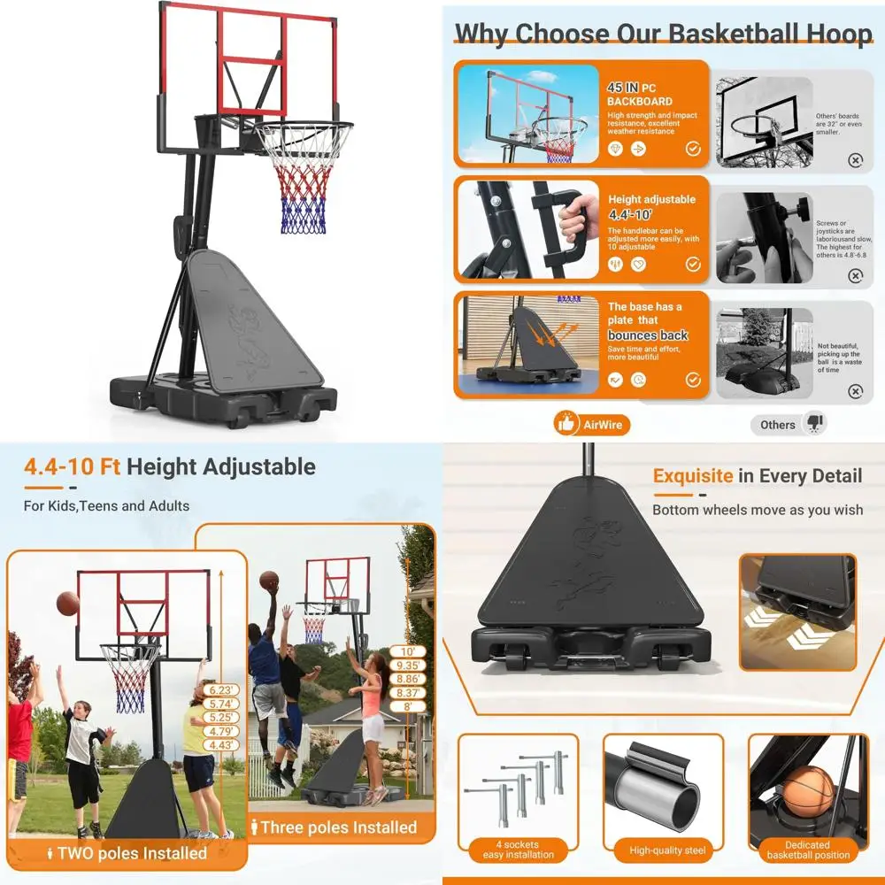 調節可能な屋内外兼用バスケットゴール 4.4～10フィート、耐衝撃性45インチバックボードとバスケットボール付き