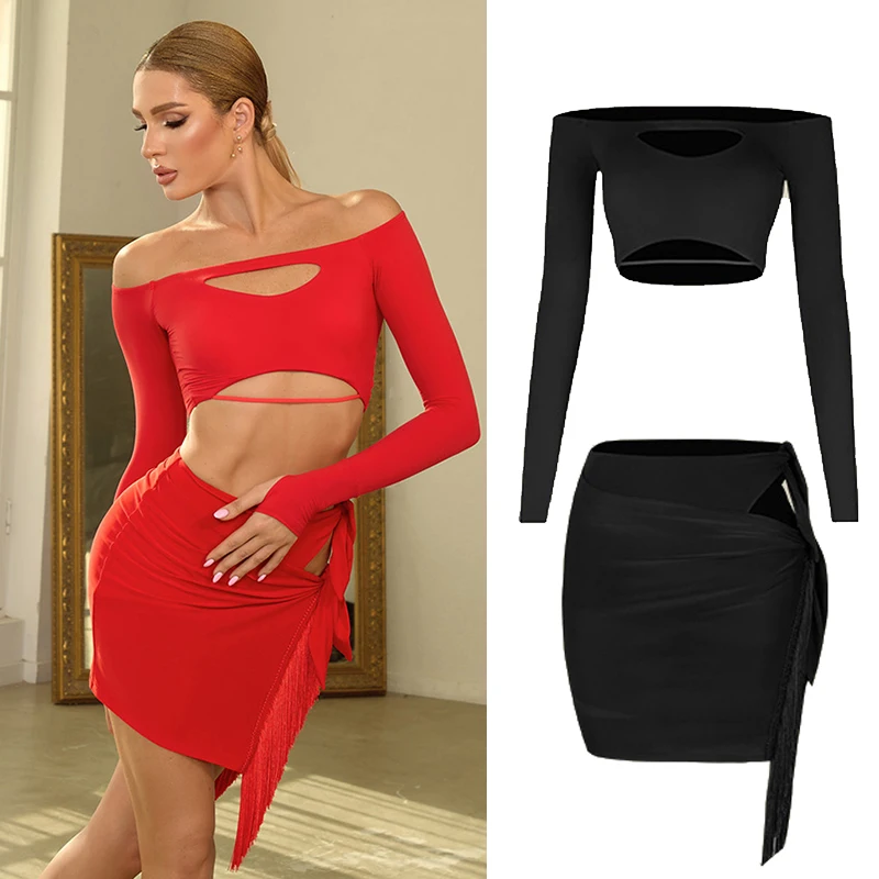 ZYM-Vêtements de brevLatine pour Femme, Manches sulf, Rouge, Noir, Jupe à Franges en Y, Régions ba, Tango, Costume de Performance, V22216