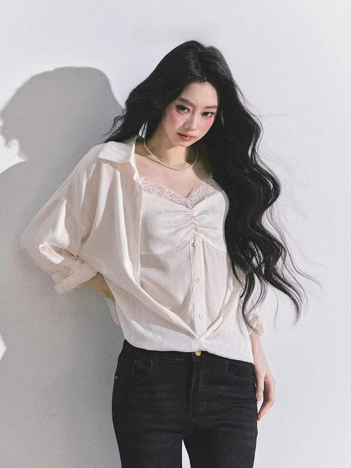 

Ele Gentle Sle Women's Lace irt Autumn Commute Top High nce Fake Two-Piece Retro Sle Slim Fit Long Sve