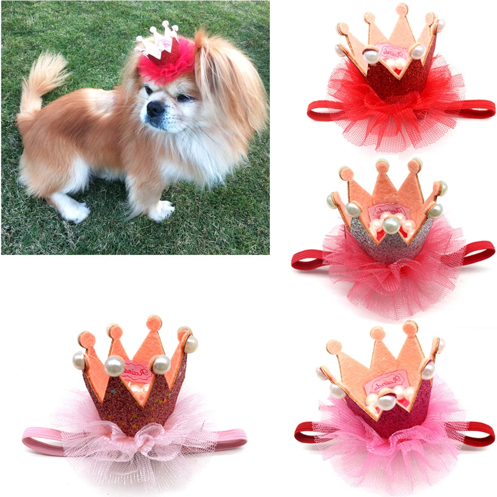 Pet Birthday Dog Crown Cap with Lace Pearl Red Series Sequin Decorate Hat with Adjustable Dog Accessories Puppy Cat Dog Product