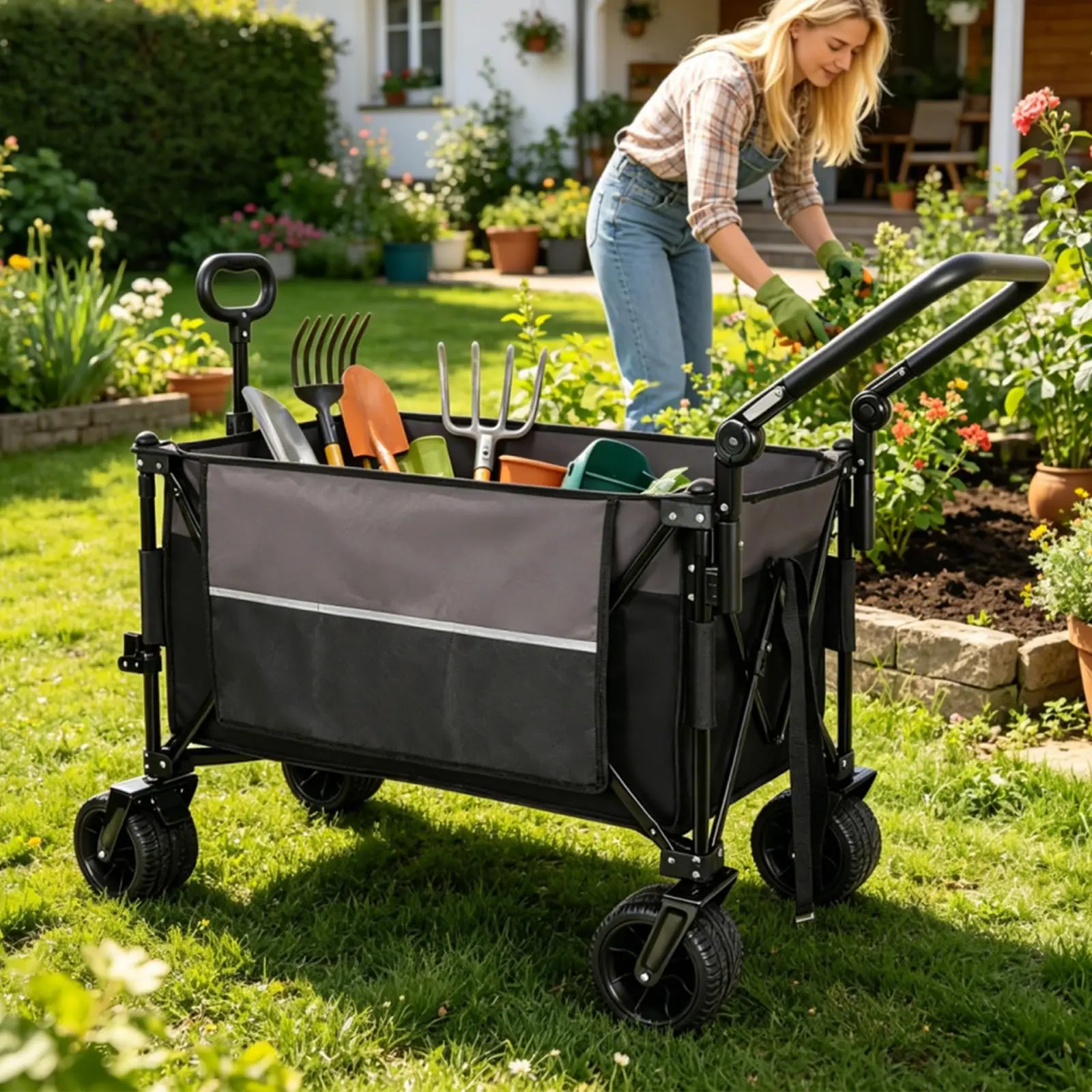Multi-Functional Push-Pull Folding Wagon Cart with Rotating Handle & 360 All-Terrain Wheels Heavy Duty Collapsible