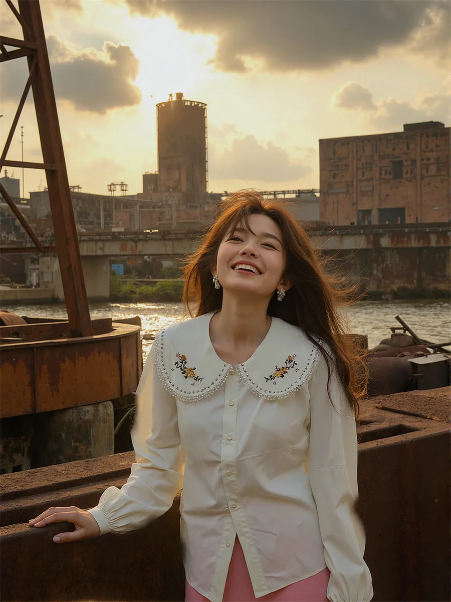 Langarm-Damen-Hemden mit Stickerei, Karomuster, bedruckt, Knopfleiste vorne, lässiger Stil, Preppy, College, schlicht, Basic, süße Baumwolle