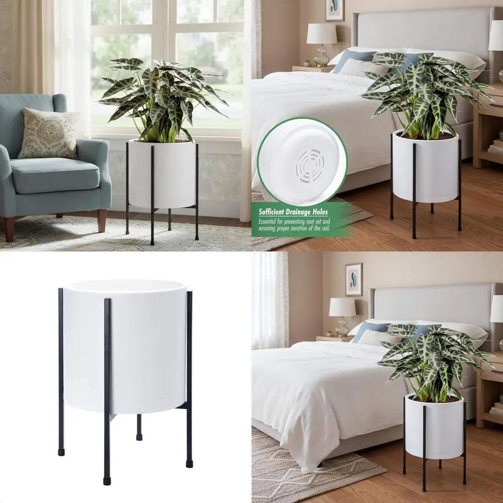 

D'vine Dev 10-дюймовый белый горшок для цветов с подставкой – Ern Пластиковый нижний горшок с прочной металлической подставкой или комнатными растениями, 5