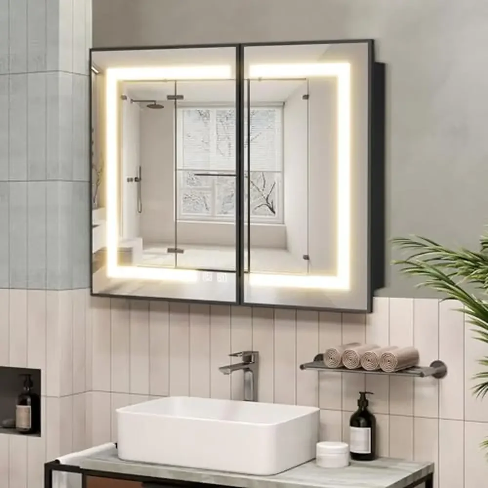 LED Lighted Metal Frame Bathroom Wall Mounted Medicine Cabinet Mirror Storage Organizer 2 Doors IP44 Waterproof Cabinet 3 Color