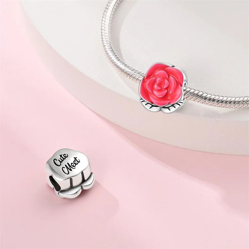 Charms Original 925 Sterling Silver Romantic Red Roses Beads Fit Bracelet Diy Fine Gift Women Delicate Jewelry Accessory
