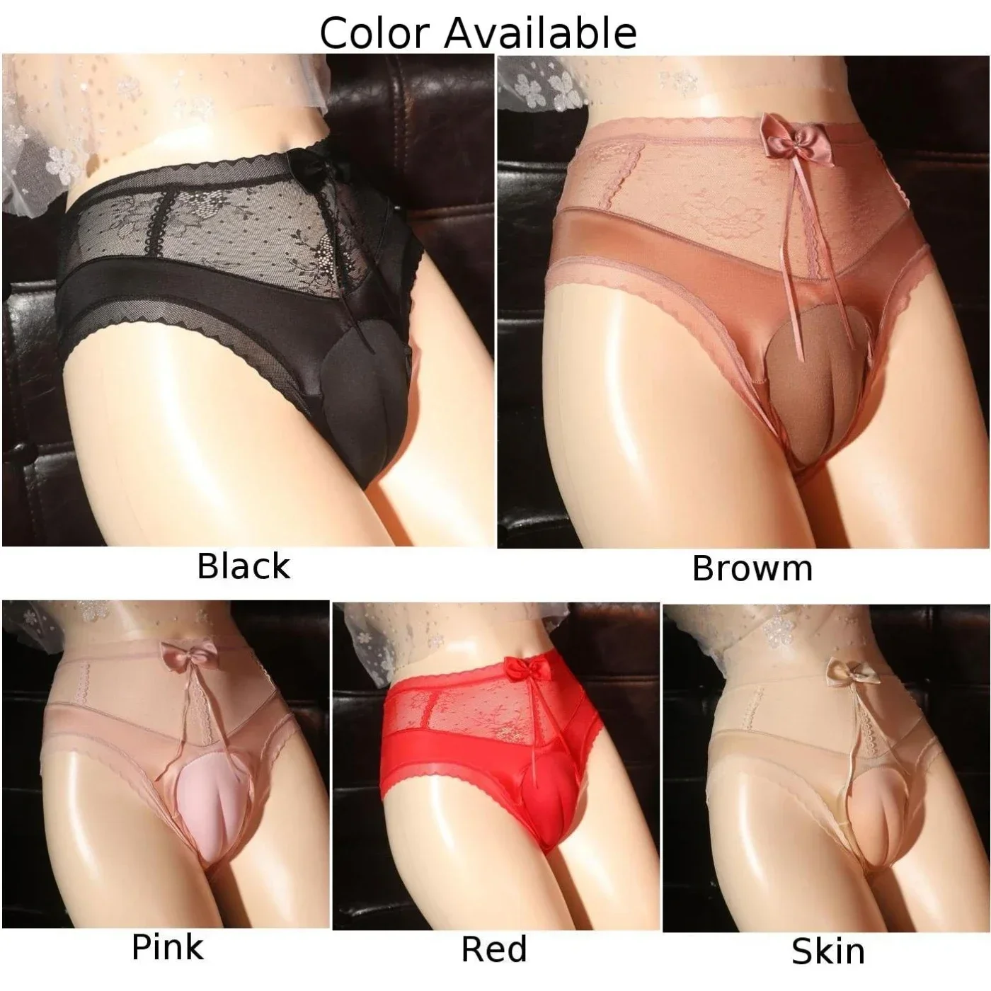 Sexy Men Lace Sissy Middle-Waisted Panties Breathable Hiding Gaff Shaping Briefs Crossdressing Underpants Bow Solid Men\'s Briefs