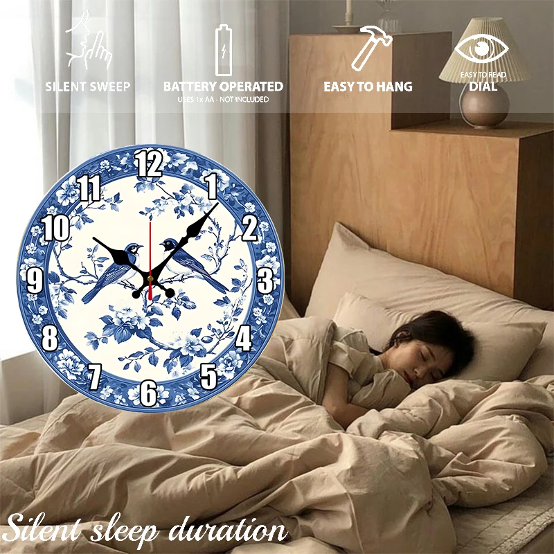 Blue Birds Floral Wooden Round Silent Hanging Wall Clock, Suitable For Living Room, Office, Study Room, Bedroom, Home Decoration