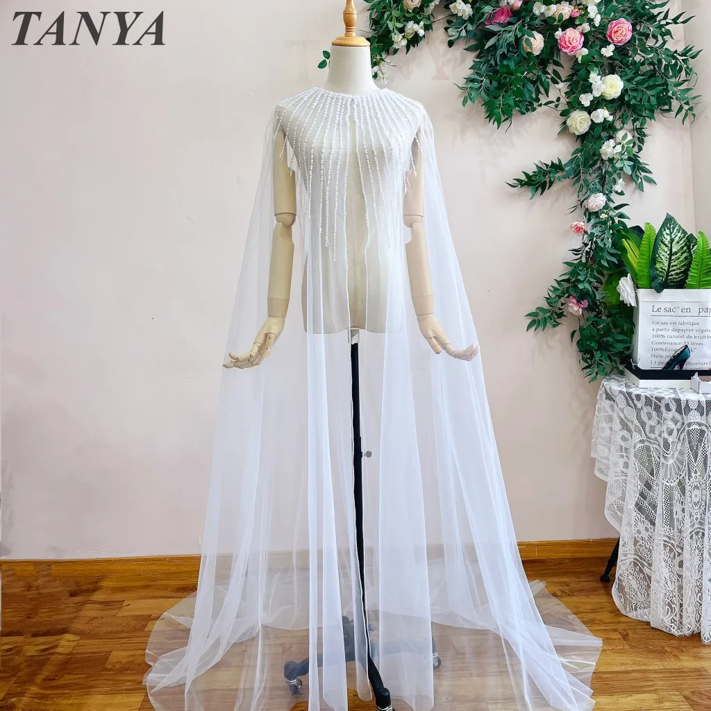 Pearls Romantic Wedding Cape Long Bohemian Brides Wraps Hand Beads Sweep Train Bridal Cloak Bridal Accessories Outfit