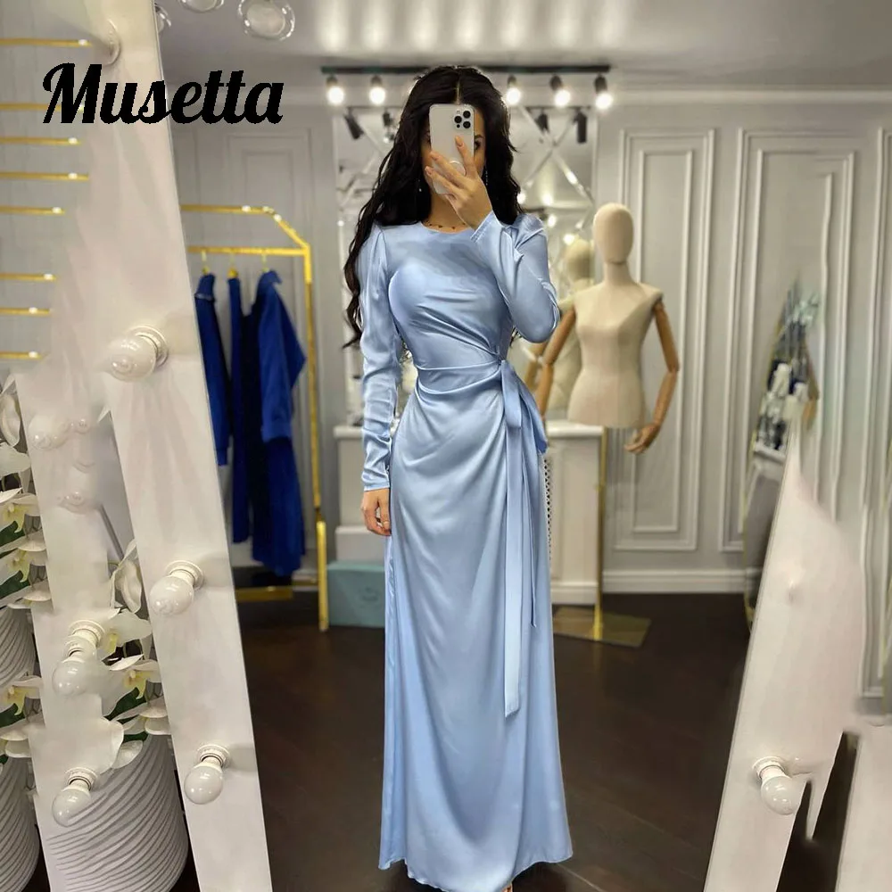 

Musetta Simple Solid Satin Evening Gown Women O-Neck Long Sleeves Ruched Formal Prom Dress Side Slit Robe De Soirée Customized