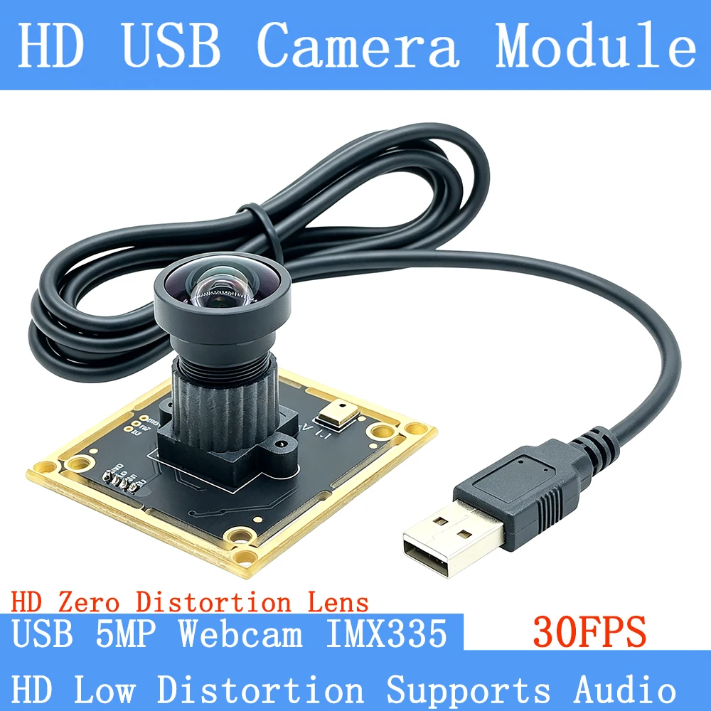 Industrial 5MP USB Webcam IMX335 UVC 95° Zero Distortion CCTV Camera 2592x1944 30FPS with Audio Linux Support USB Camera Module