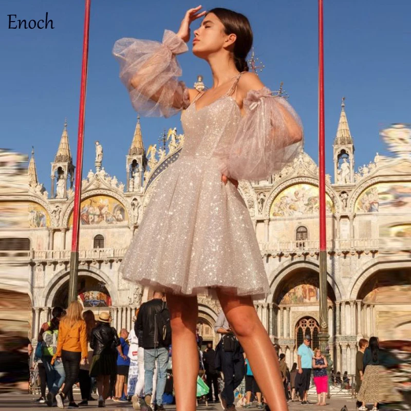 ENOCH Shiny Puff Sleeves Party Dress Backless A Line Tulle Robe De Mariée Knee Length Beaded Squined Backless Formal Robe Party