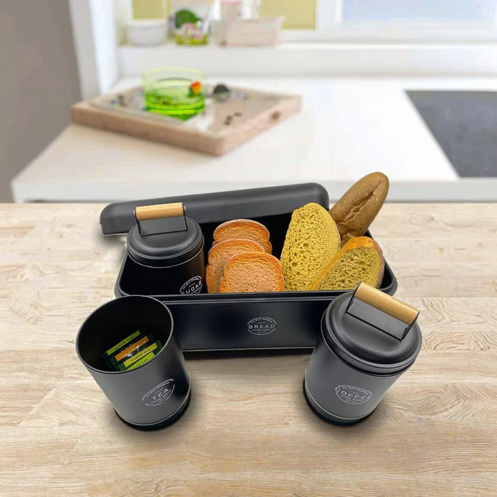 Bread Box with 3 Matching Coffee Tea Sugar Canisters for Storing Loaves, Pastries, Muffins, Dry Food Use in Kitchen Counter 4