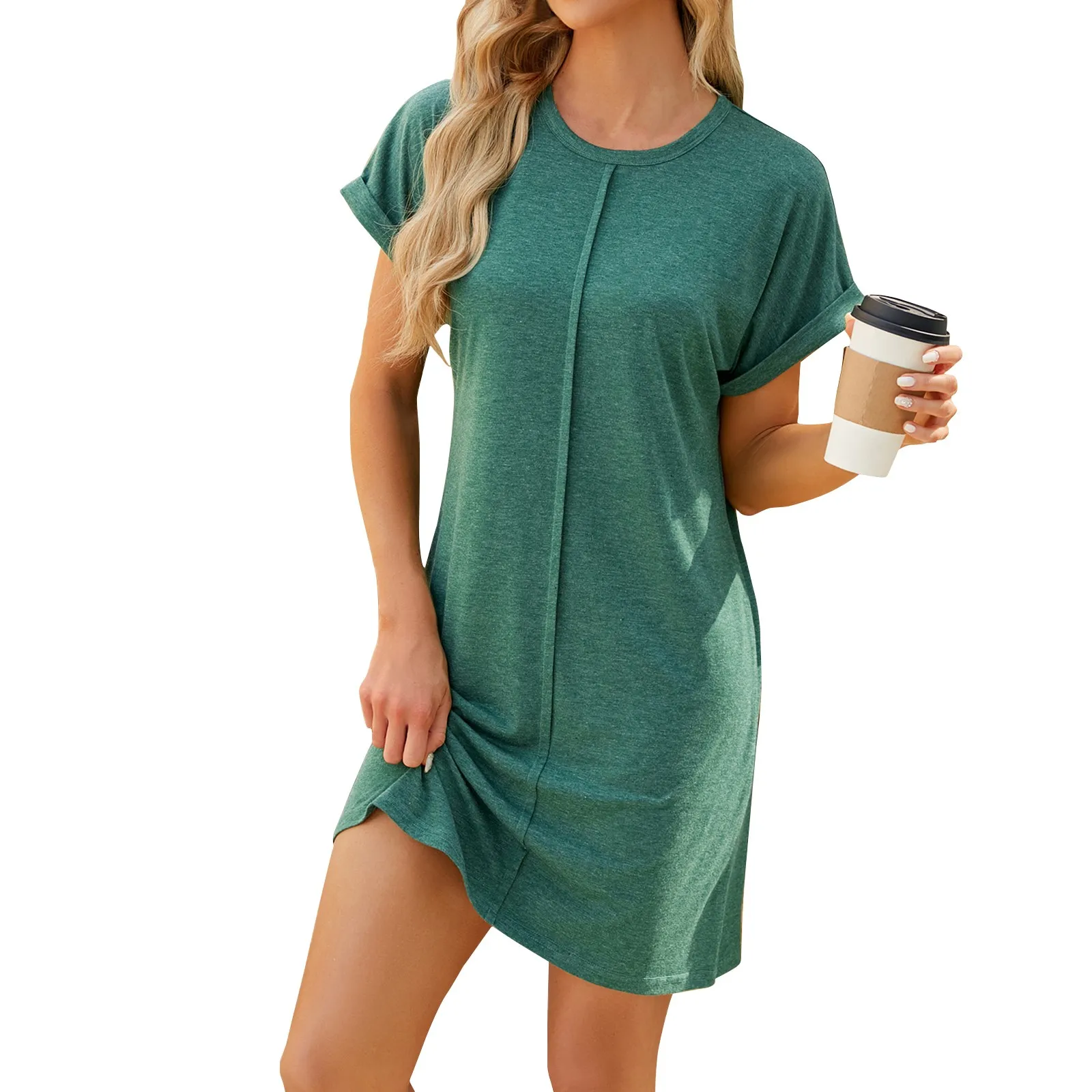 

Ladies Dress Spring And Summer Casual Fashion Short-Sleeved Round Neck Dress Daily Simple Solid Color Gentle Style Mini Dress