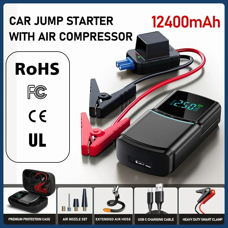 The Ultimate Car Jump Starter and Air Pump – 4-in-1 Power Bank, Compressor, and 10KmAh Car Battery Starter for All Autos