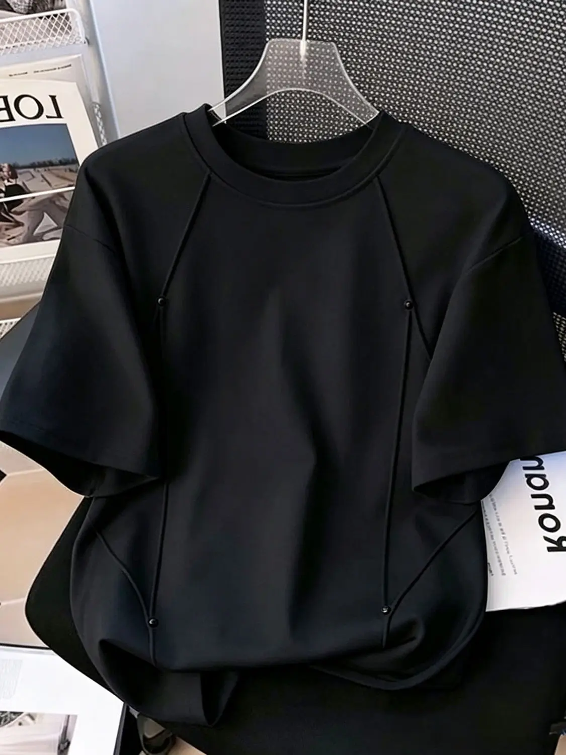 Deconstructed Short Sleeve T-Shirt Men's Summer Loose Rivet Splicing White Body Shirt Upper Apparel Shoulder Width Regular