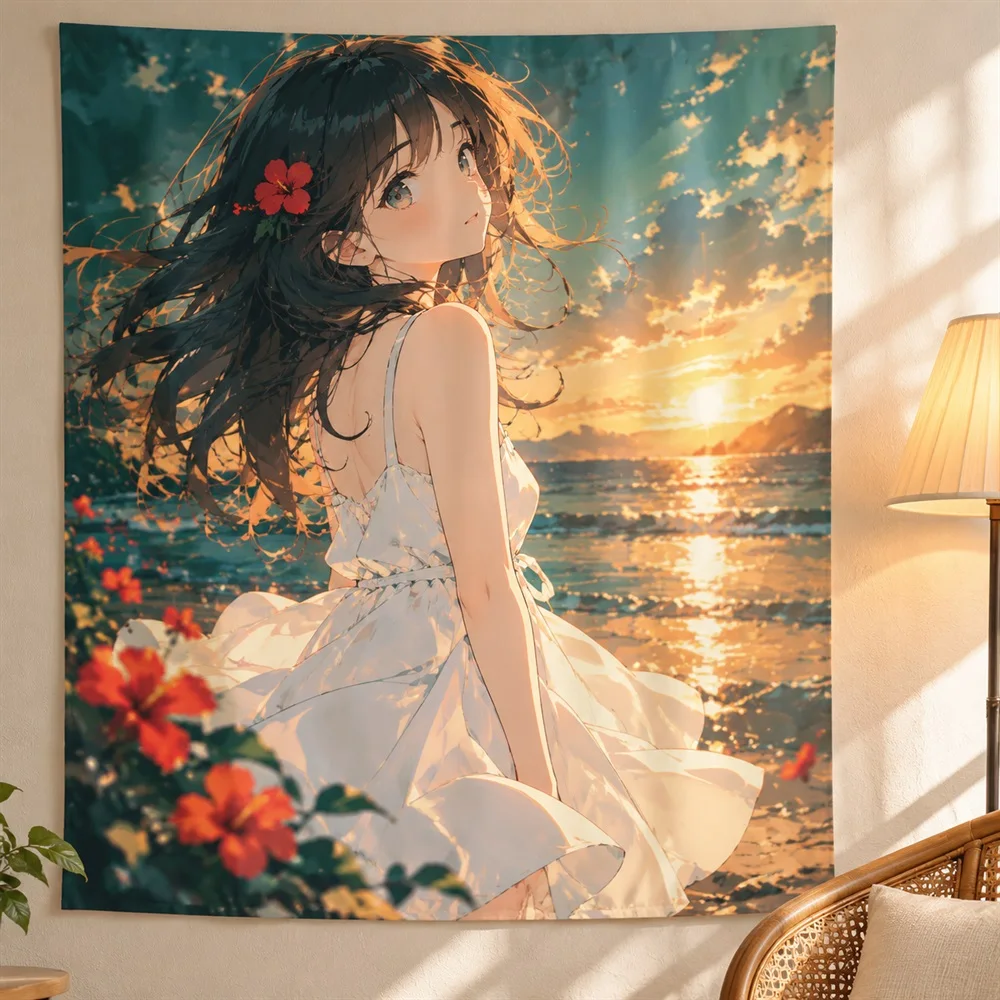 VIKAMA Seaside White Dress Anime Tapestry Wall Hanging, Aesthetic Cinematic Anime Room Decor Tapestries for Bedroom Living Room