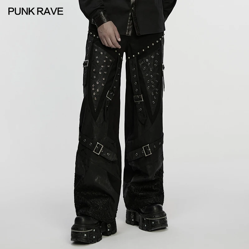 PUNK RAVE Men's Punk Street Rock Twill Embossed Woven Straight Pants Splicing Design Studs Strong Visual Personality Trousers