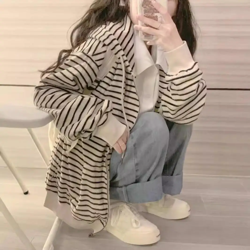 

Hong Kong Style Striped Hoodie Women's Spring Autumn Thin Loose Lazy Casual Zipper Open Cardigan Long Sleeve Top Coat