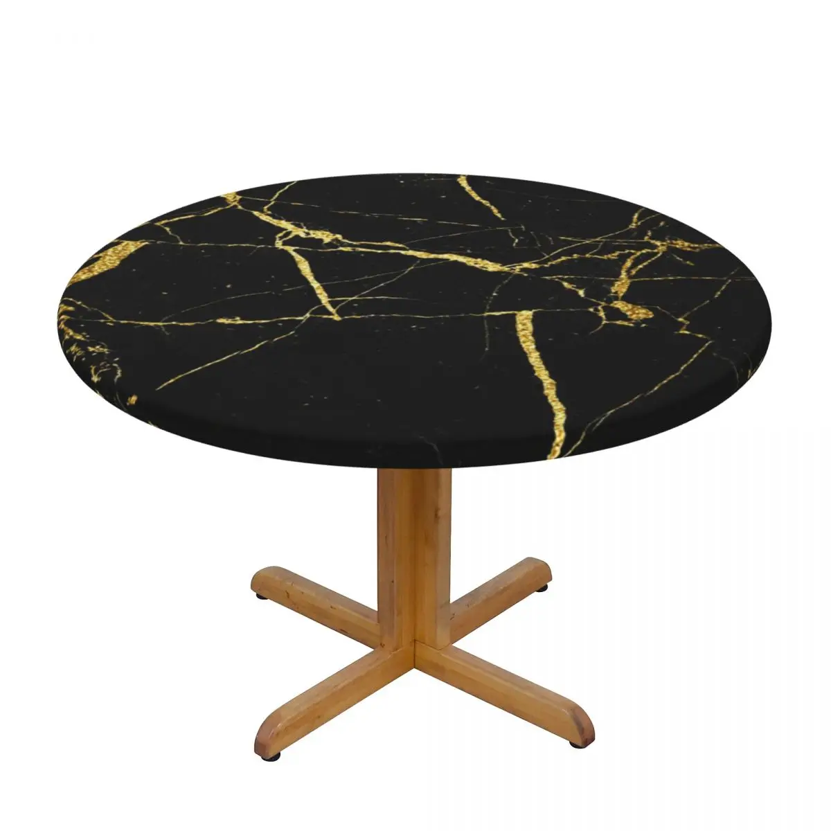 Round Fitted Luxe Black And Gold Marble Texture Table Cloth Oilproof Tablecloth 40