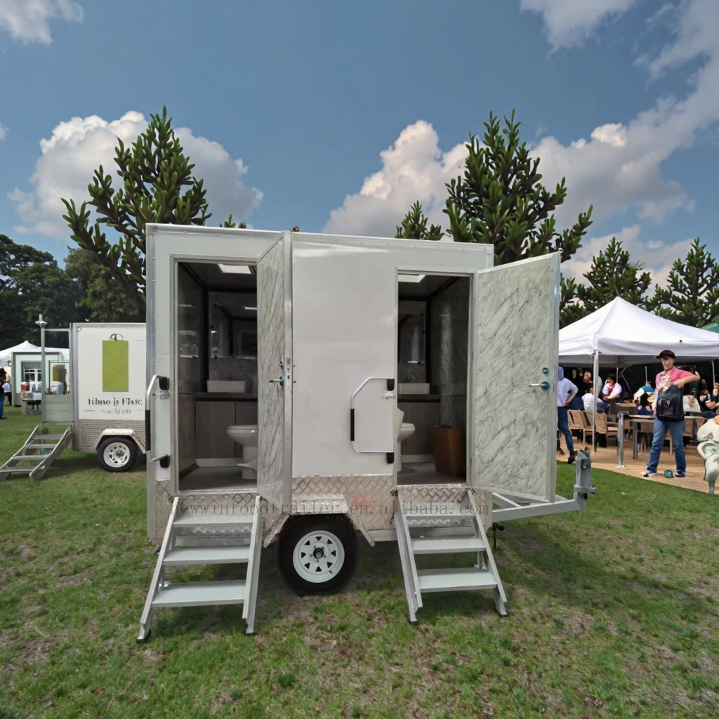 Luxury Portable Restroom Trailer With Shower 3 Rooms LED Lighting Foldable Handrail User Friendly for Festival and Wedding