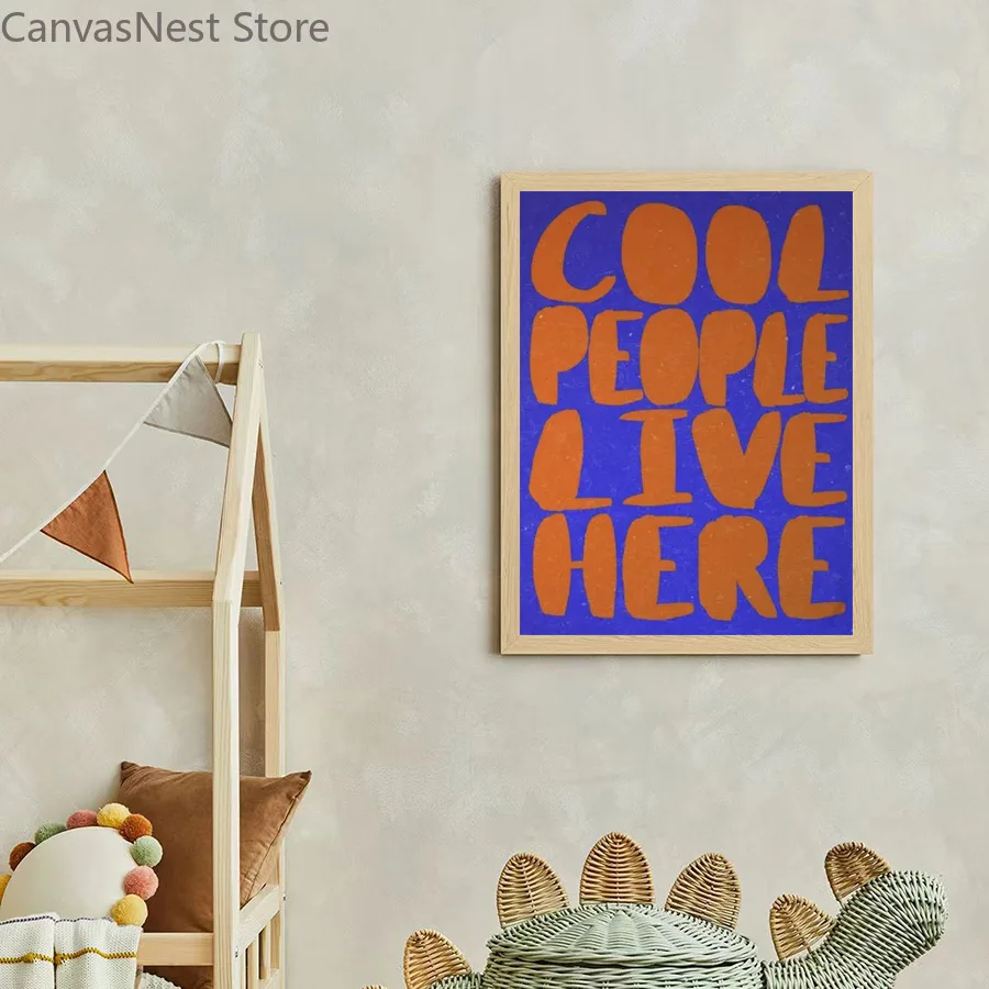Cool People Live Here Canvas Wall Art, Bold Orange Lettering Deep Blue Background Quote Poster Print for Kids Room Nursery De