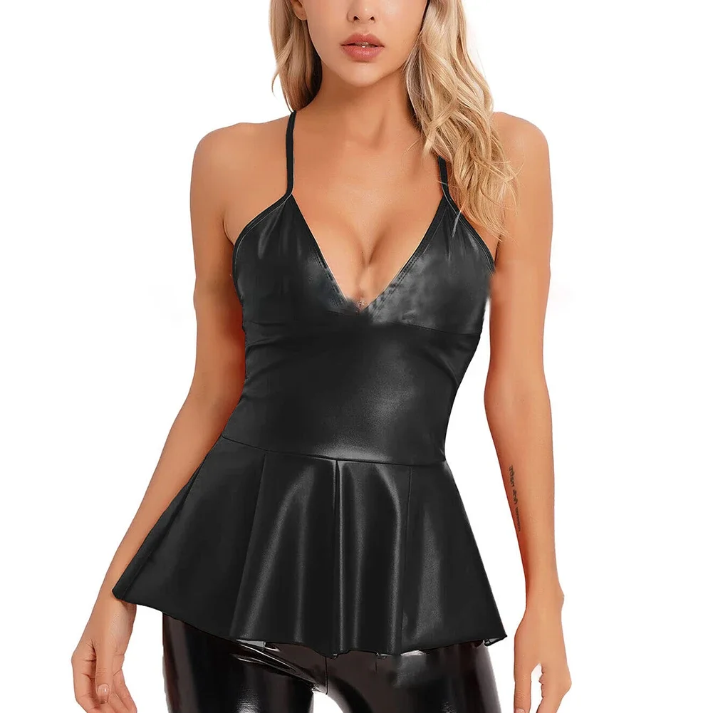 

Women Sexy Solid Patent Leather Sling Bodycon Dress Underwear Deep V Neck Backless Short Dress Party Temptation Erotic Lingerie