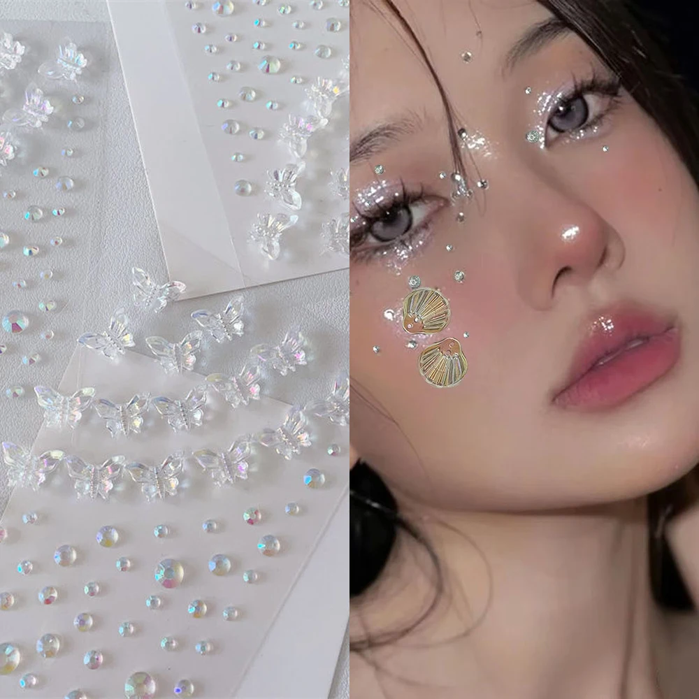 

1/6 шт. Разноцветные акриловые 3D-наклейки для лица в виде бабочек с кристаллами, для сценического макияжа, украшения для лица, жемчужные татуировки в стиле русалки