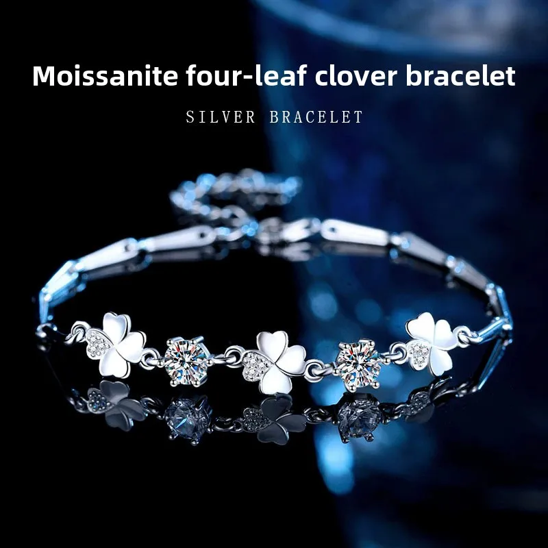 

S925 Sterling Silver D-Color Moissanite Clover Bracelet - Exquisite Jewelry