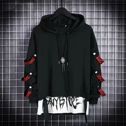 Men's Hoodies Sweatshirt Autumn Casual Black Techwear Hip Hop Harajuku Hoodie Men Ribbons Patchwork Japanese Streetwear Darkwear