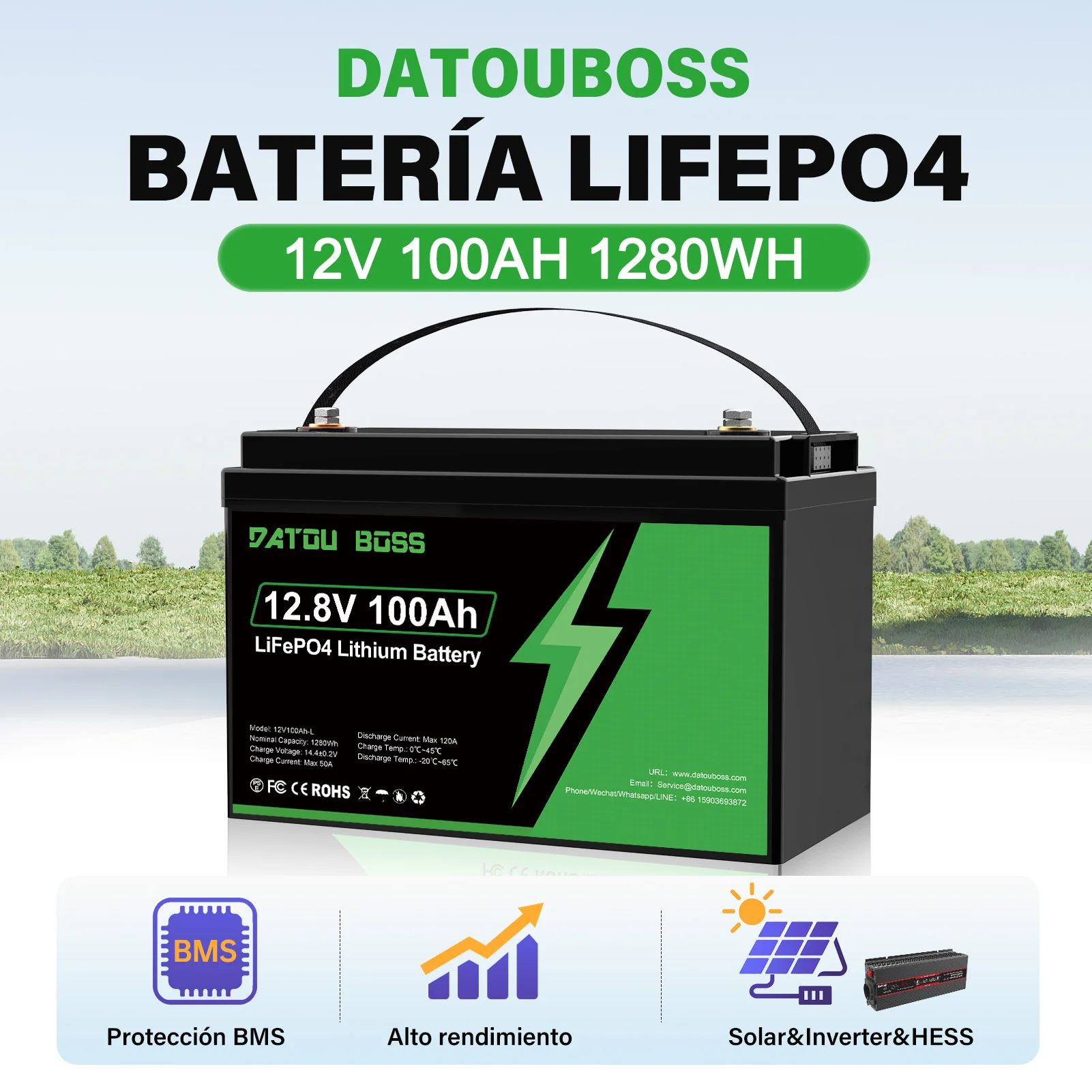 Upgraded Datouboss 12V 100Ah LiFePO4 deep-cycle battery with built-in BMS, high performance for solar applications, inverters, and HESS, 1280Wh