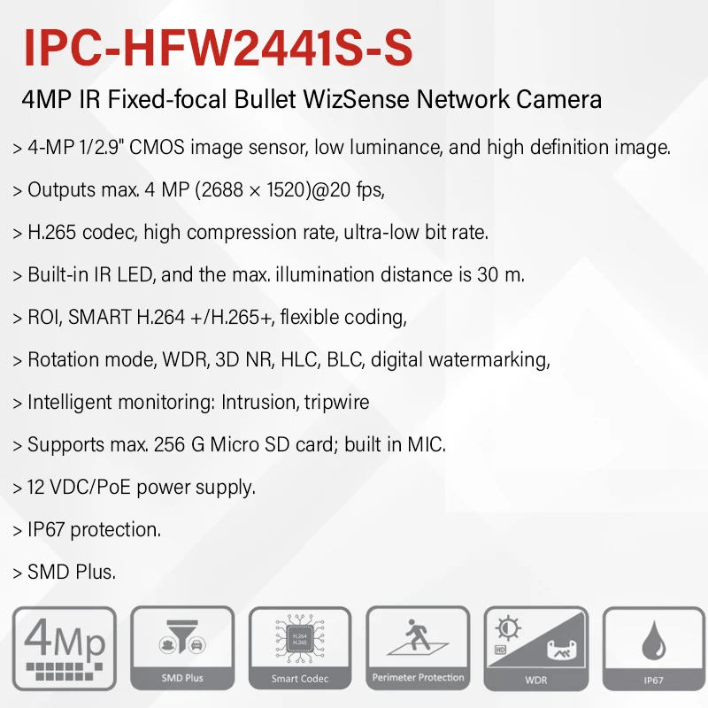 Dahua 4MP 8MP Outdoor IP Camera Built in MIC IP67 Protection Starlight Security CCTV HFW2441S-S HFW2841S-S Black White Color SMD