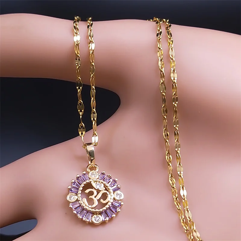 Aesthetic Chakra OM Reiki Symbol Pendant Necklace for Women Men Stainless Steel Gold Color Buddhism Lotus Mala Chain Jewelry NS7