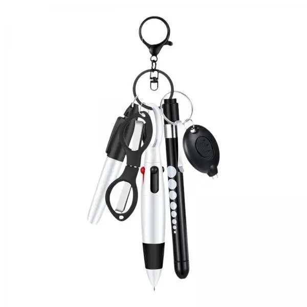 Nursing Pens Set Retractable Ballpoint with LED Mini Torch Foldable Scissors and Badge Clip Keychain for Clinical Rounds