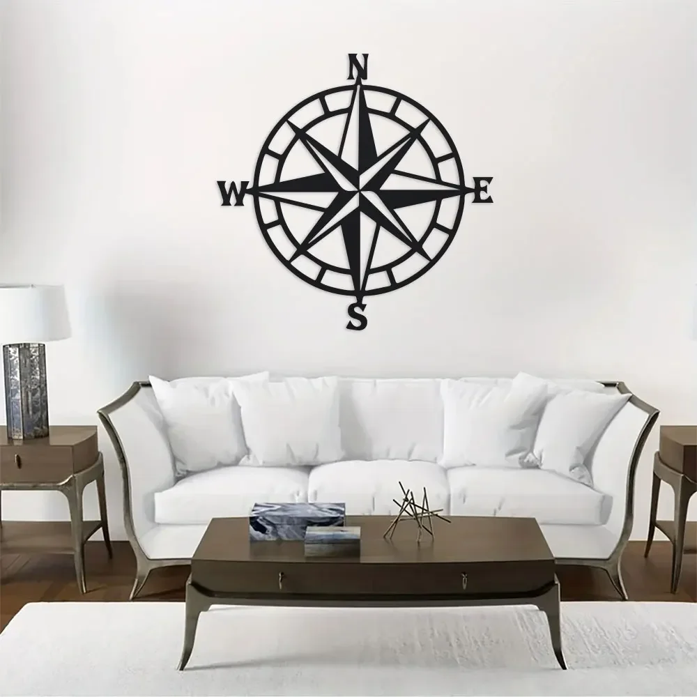 Black Metal Decorative Nautical Compass Iron Wall Decor Indoor Outdoor Hanging Art Perfect for Beach Themed Spaces