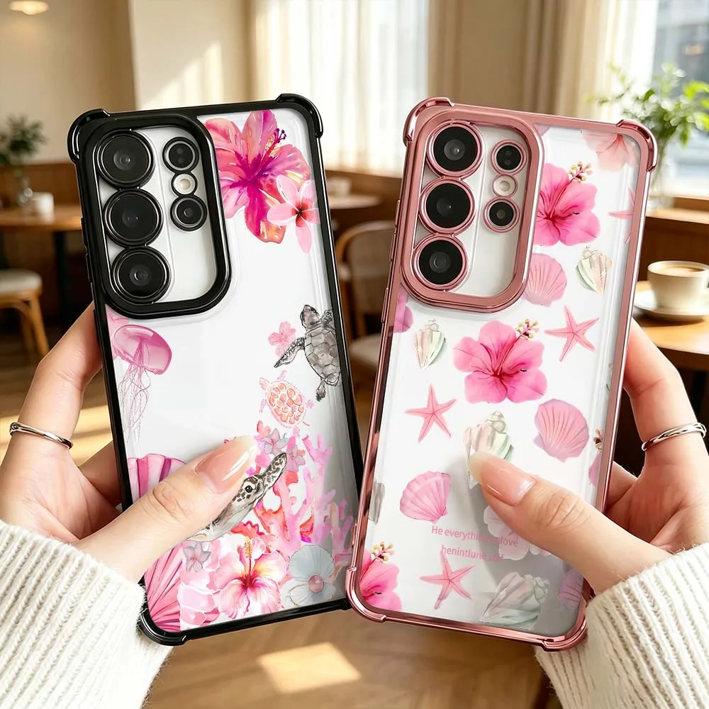 Pink Hibiscus Flower Pattern For Samsung Galaxy S26 S25 S24 S23 S22 S21 Ultra FE Plus Electroplating Anti Fall Phone Case