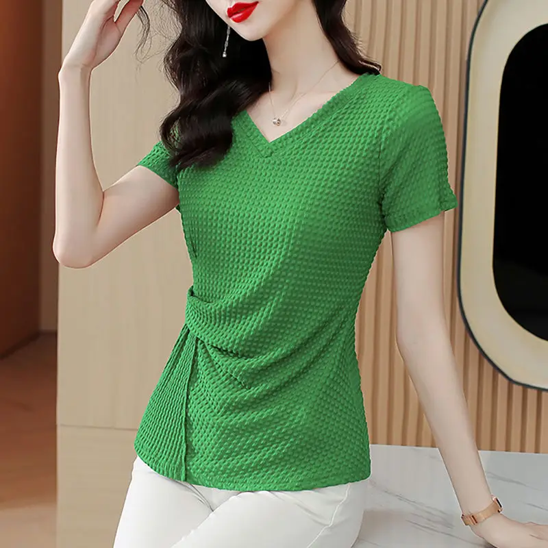 Pullovers New Women's Summer Solid Color V-Neck Asymmetrical Casual Fashion Versatile Slim Short Sleeve Commuter T-shirt Tops