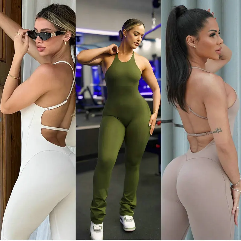 

Backless Sports Woman 2024 Lycra Fitness Overalls One Piece Jumpsuit Shorts Sport Outfit Gym Workout Clothes for Women Sportwear