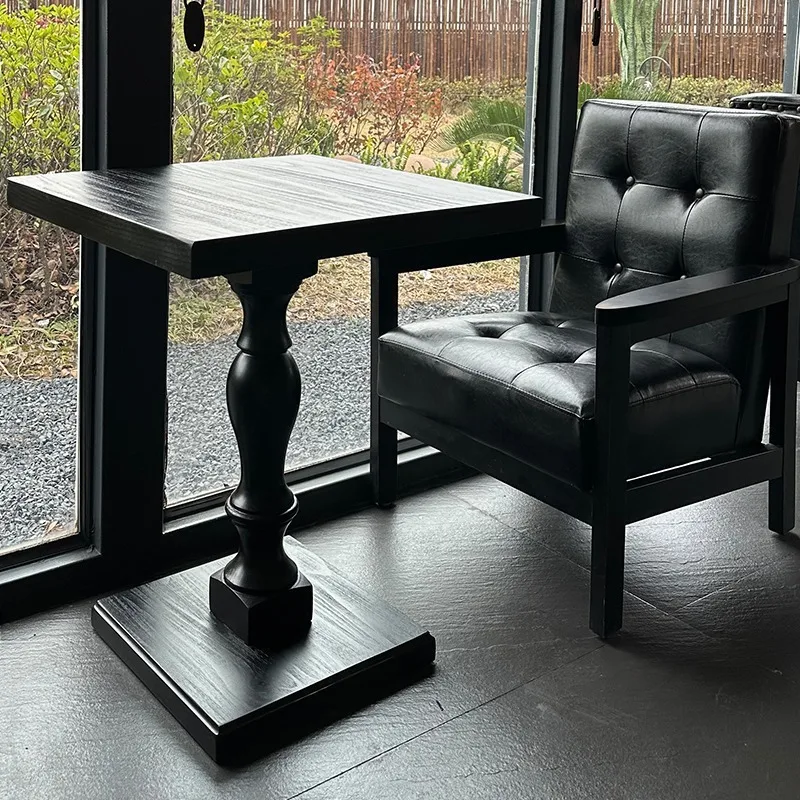 

Table square table solid wood medieval dining one leg American square wood black coffee shop small square