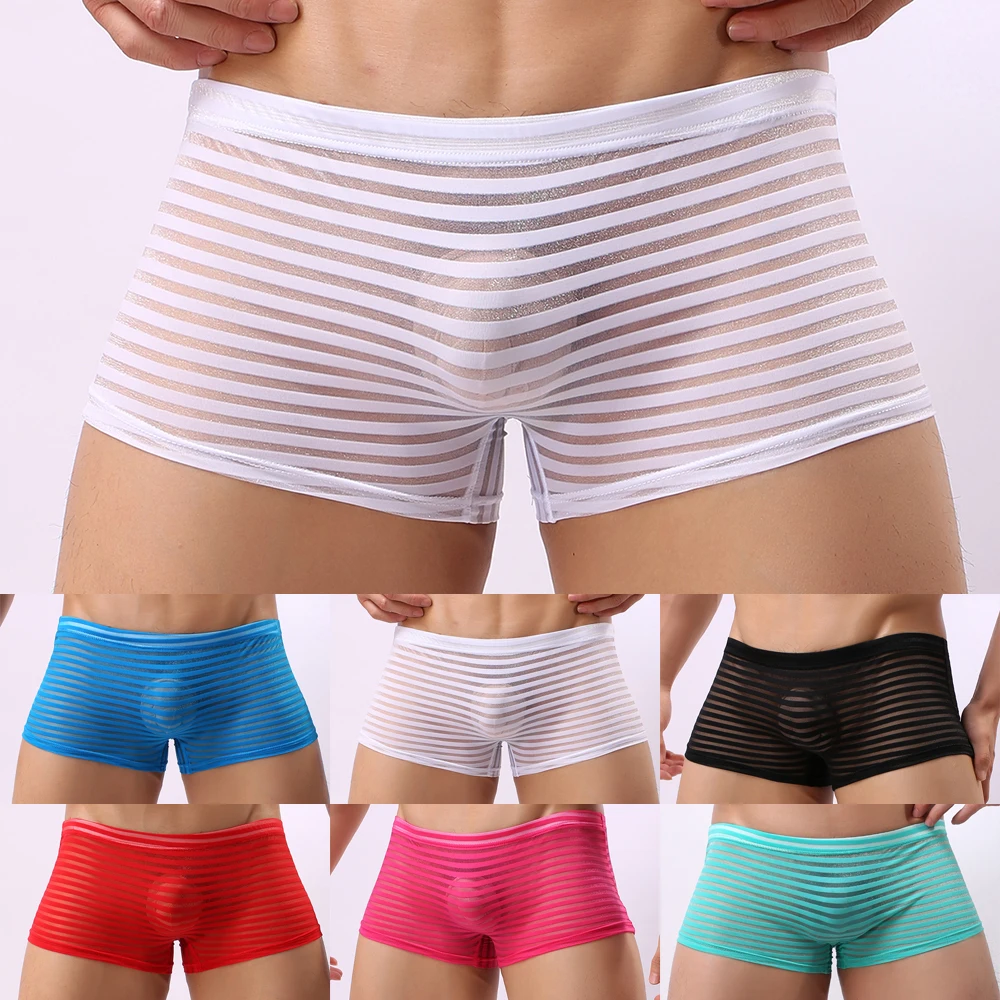 Sexy Men See Through Seamless Shorts Breathable Low Rise Briefs Stretch Underwear Male Bulge Pouch Trunks Underpants