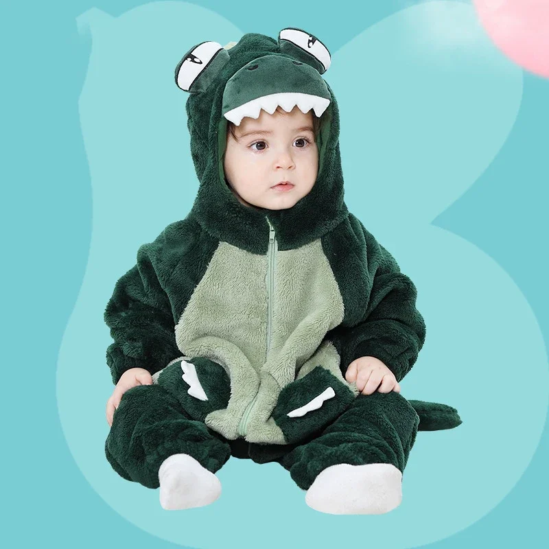 Halloween Cartoon Crocodile Baby Romper Todder Winter Thick Zipper Hooded Onesie Baby Boy Girl Clothes Flannel Cosplay Costume