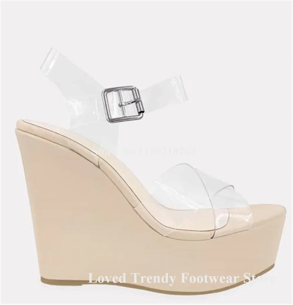 Western Style Beige High Platform Patchwork Clear PVC Wedge Sandals Open Toe Transparent Straps Ankle Straps Buckles Wedges