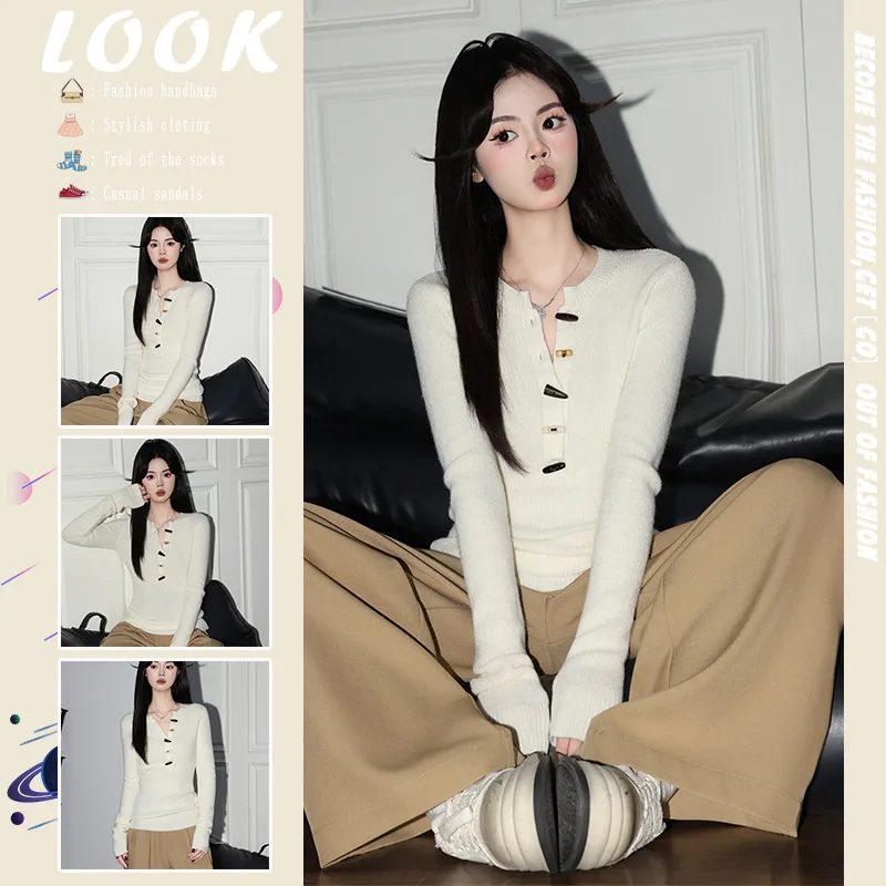 2026 New Women Horn Button Half Open Collar Knit Sweater Retro Slim‑Fit Long Sleeve Base Layer Top for Spring Autumn Inner Wear
