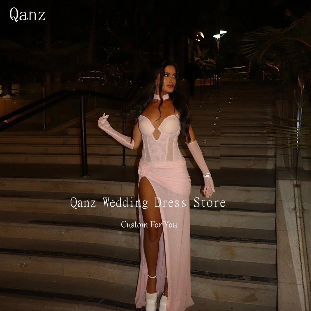 

Qanz Elegant Pink Prom Dresses Sweethert High Slide Slit Mermaid Women Evening Party Gown Tulle Vestidos De Gala Customized