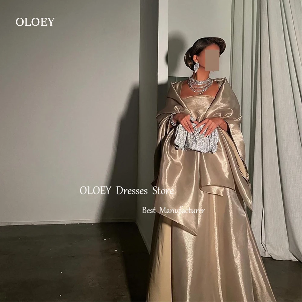 

OLOEY Saudi Arabic Women Champagne Evening Dresses With Jacket Long Cape Sleeves Silk Simple Formal Occasion Prom Gowns